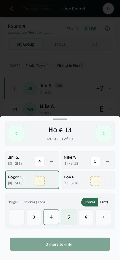 ScoringHQ — mobile score entry mid-round: two players scored on hole 13, a strokes keypad open for the next player